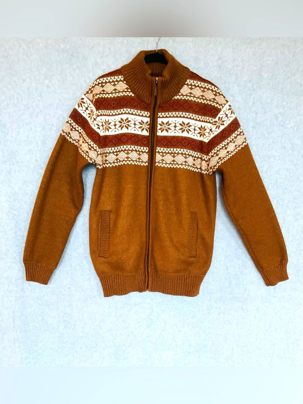 Alexander Julian Nordic Fair Isle Sherpa Lined Cardigan Small Brown Zip Sweater